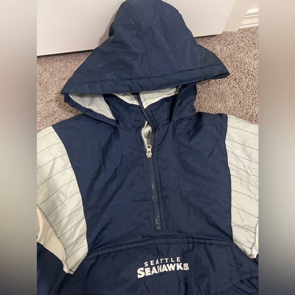Vtg Seattle Seahawks Jacket Mens L Blue Starter Y2K Pullover Pouch 1/2 Zip - Picture 4 of 11